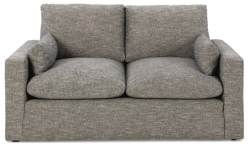 Ashley Furniture dramatic loveseat with plush cushions and stylish design, shown in a head-on view.