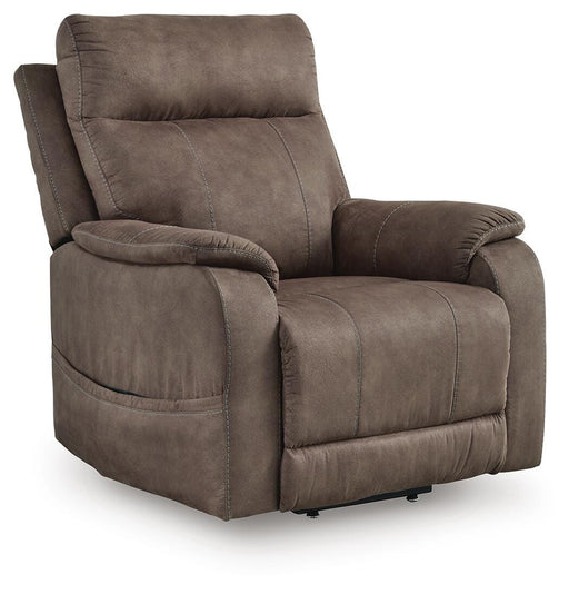 Ashley Furniture Crestmeade Power Lift Recliner in closed position, featuring plush upholstery and sturdy armrests.