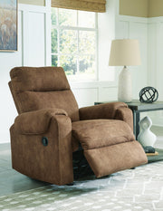 Open Edenwold recliner by Ashley Furniture showing plush fabric upholstery and padded armrests in a modern living room setting.