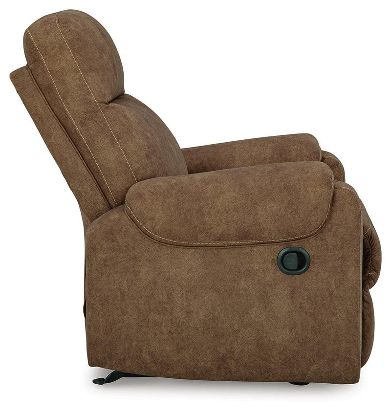 Ashley Furniture Edenwold Recliner with plush fabric upholstery and padded armrests, shown in a side view.