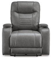 Ashley Furniture Schooner Rocks power recliner with plush upholstery and built-in footrest, shown from a front head-on view.