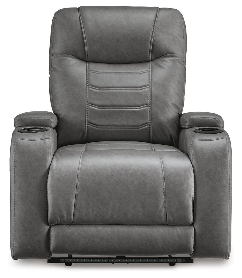 Ashley Furniture Schooner Rocks power recliner with plush upholstery and built-in footrest, shown from a front head-on view.