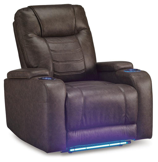 Ashley Furniture Schooner Rocks Power Recliner, closed view from an angle showing plush upholstery and reclining mechanism.
