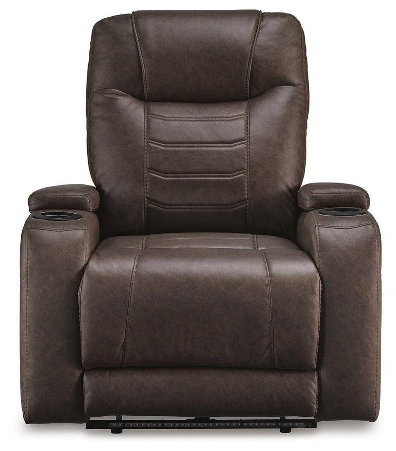 Ashley Furniture Schooner Rocks power recliner with plush upholstery and built-in reclining mechanism, shown from a head-on view.