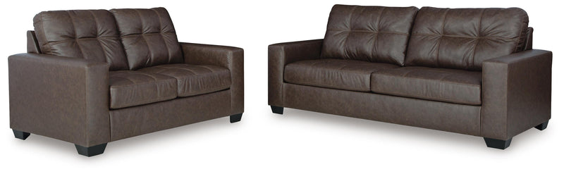 Ashley Furniture Barlin Mills living room set with sofa and armchair, featuring neutral upholstery and modern design.