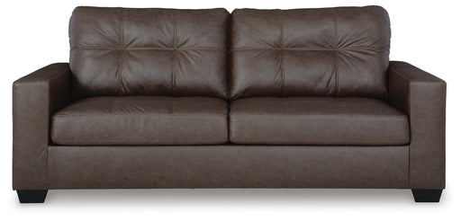 Ashley Furniture Barlin Mills sofa with plush cushions and neutral fabric, shown from a front head-on view.