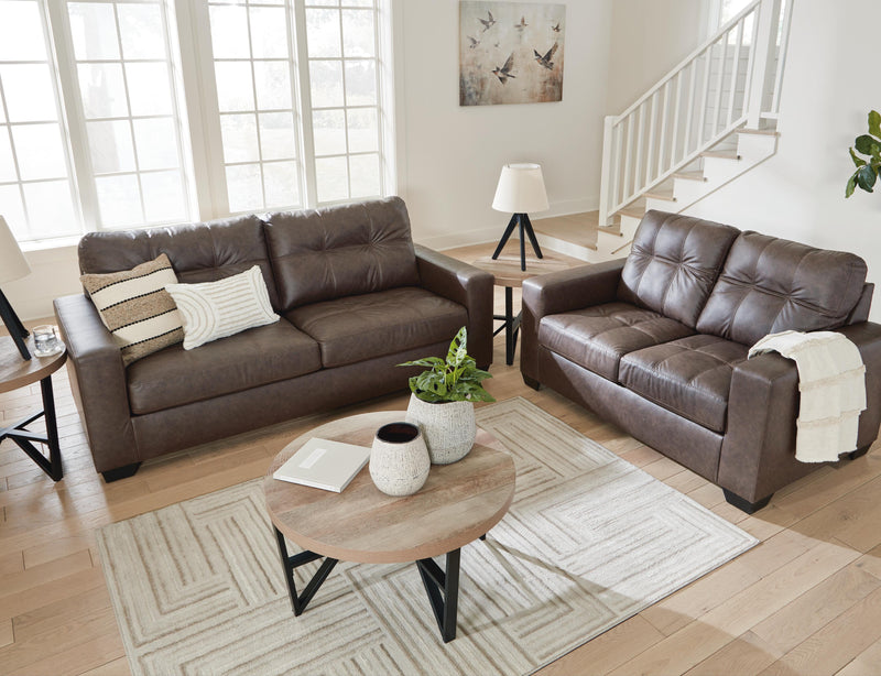 Ashley Furniture Barlin Mills living room set featuring a sofa and armchair with neutral fabric and contemporary design.
