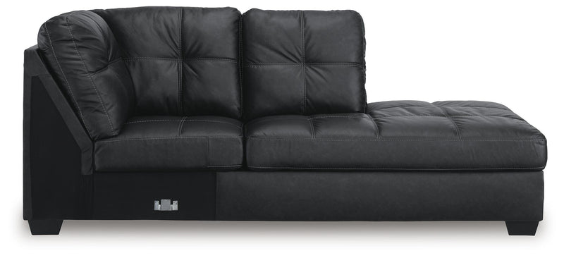 Ashley Furniture Barlin Mills sectional with chaise, beige fabric, and plush cushions, viewed head-on.