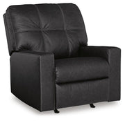 Ashley Furniture Barlin Mills recliner in a closed position, upholstered in neutral fabric with a cushioned back and armrests.