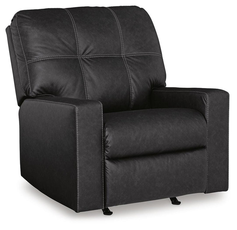 Ashley Furniture Barlin Mills recliner in a closed position, upholstered in neutral fabric with a cushioned back and armrests.