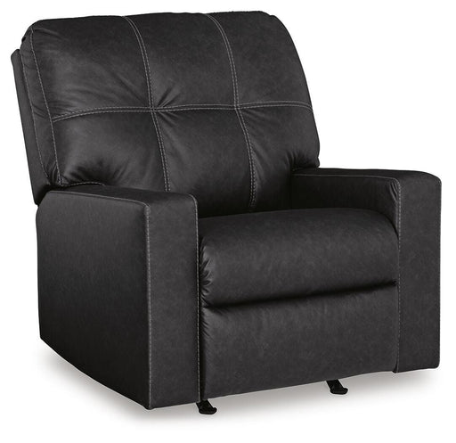 Ashley Furniture Barlin Mills recliner in a closed position, upholstered in neutral fabric with a cushioned back and armrests.