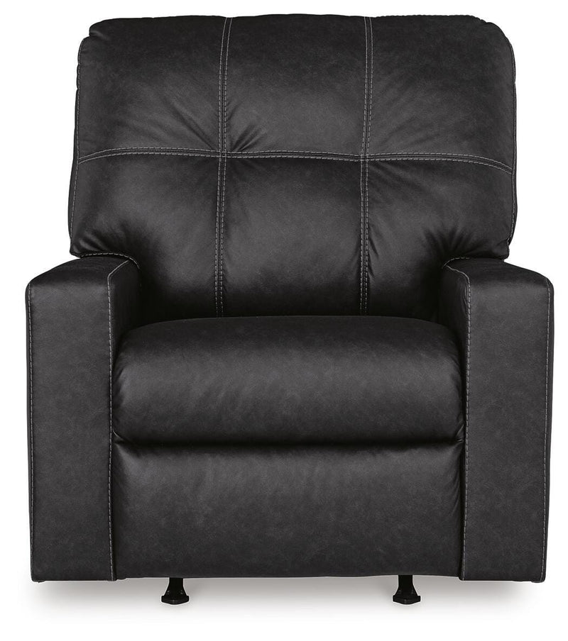 Ashley Furniture Barlin Mills recliner with plush upholstery and cushioned armrests, shown from a head-on angle.