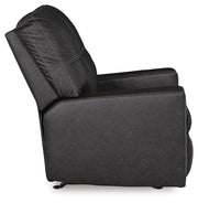 Ashley Furniture Barlin Mills recliner in beige fabric with plush cushioning and wooden legs, shown from a side angle.