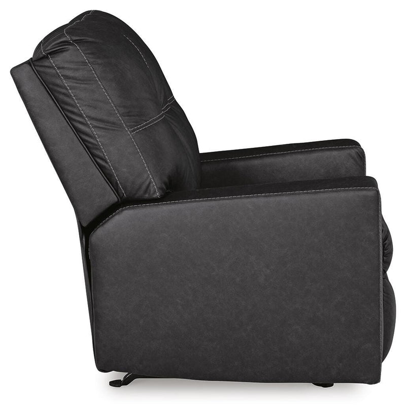 Ashley Furniture Barlin Mills recliner in beige fabric with plush cushioning and wooden legs, shown from a side angle.