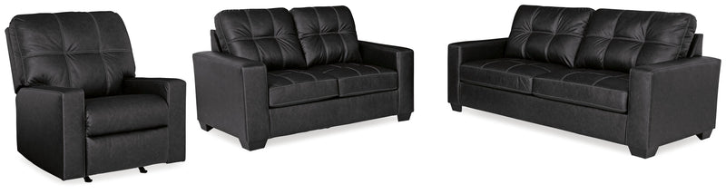 Ashley Furniture Barlin Mills living room set with sofa and armchair in a modern design, featuring neutral upholstery and wooden legs.