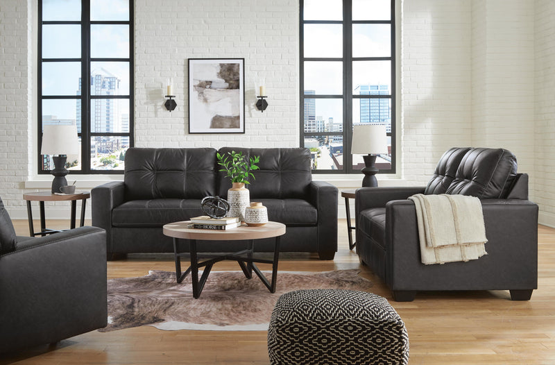 Ashley Furniture Barlin Mills living room set with sofa, loveseat, and armchair in a modern fabric design.