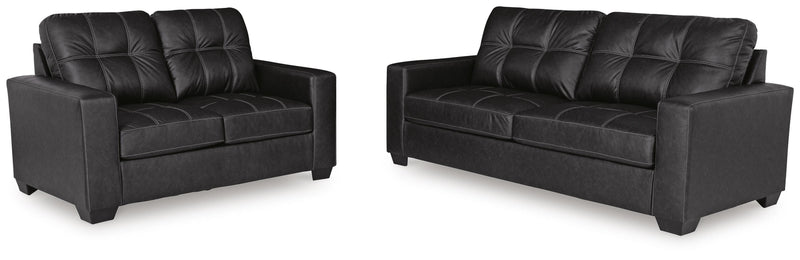 Ashley Furniture Barlin Mills living room set with plush sofa and matching armchair in a modern design.