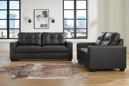Ashley Furniture Barlin Mills living room set featuring a sofa and matching armchair in a modern design.