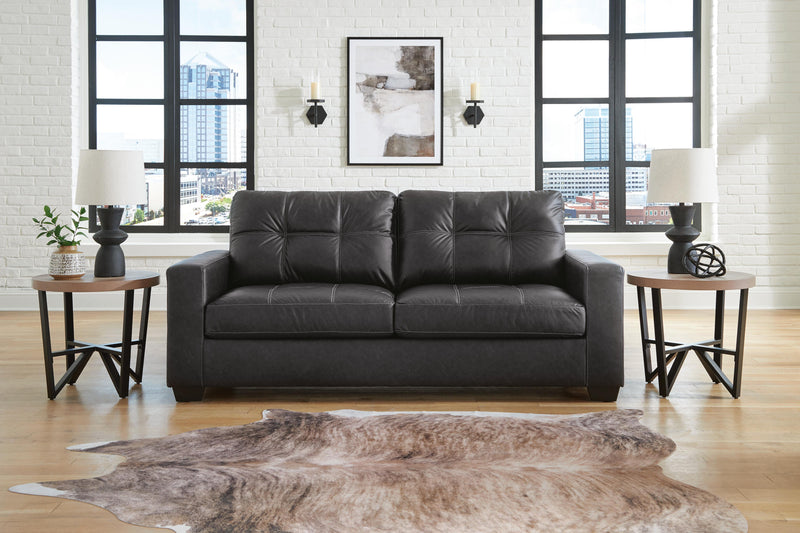 Ashley Furniture Barlin Mills living room set with sofa and loveseat, featuring neutral fabric and modern design.