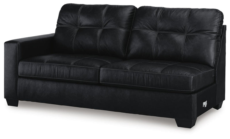 Ashley Furniture Barlin Mills sectional with chaise, showing a modern fabric sofa with a spacious chaise lounge and angled view.