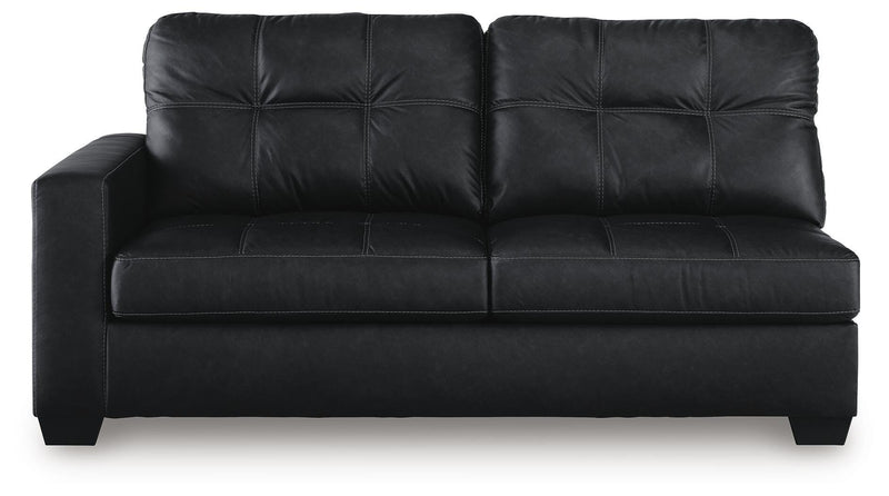 Ashley Furniture Barlin Mills sectional with chaise, showing a stylish fabric sofa with a spacious chaise lounge.