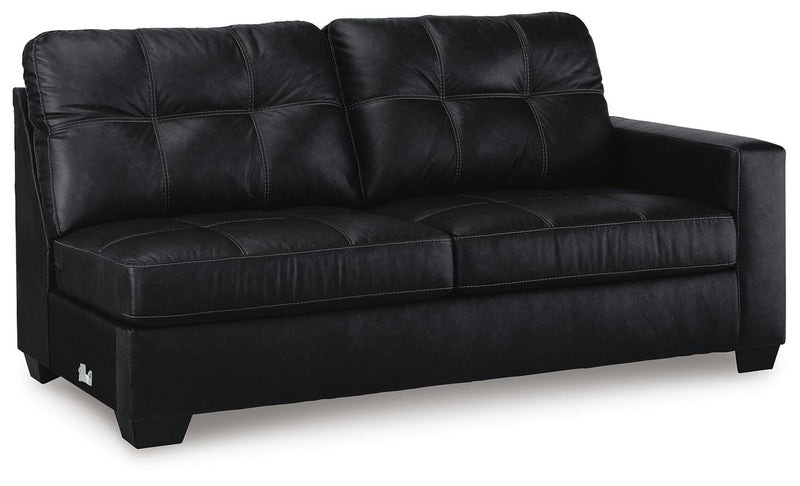 Ashley Furniture Barlin Mills sectional with chaise, showing a stylish fabric sofa with a comfortable chaise lounge in an angled view.