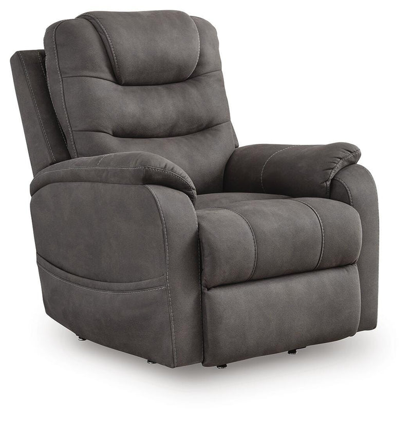 Ashley Furniture Snowfield Power Lift Recliner in closed position, featuring plush upholstery and adjustable reclining mechanism.