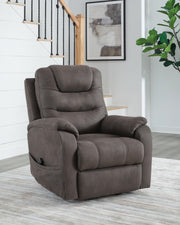 Ashley Furniture Snowfield Power Lift Recliner in closed position, featuring plush upholstery and a sturdy wooden base.