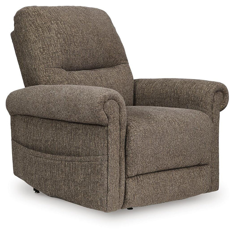 Ashley Furniture Aureta Power Lift Recliner in closed position, showcasing plush fabric upholstery and supportive design.