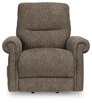 Ashley Furniture Aureta Power Lift Recliner in beige fabric with padded armrests and plush cushioning, head-on view.