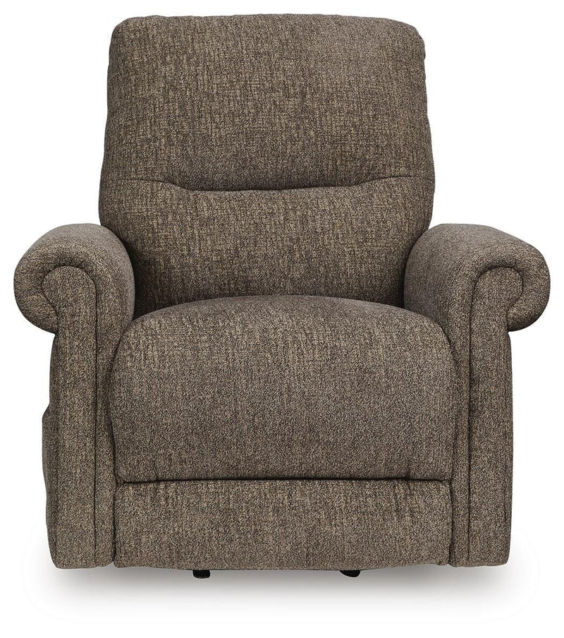 Ashley Furniture Aureta Power Lift Recliner in beige fabric with padded armrests and plush cushioning, head-on view.