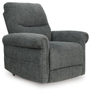 Ashley Furniture Aureta Power Lift Recliner in dark upholstery, showing the closed reclined position from an angled view.