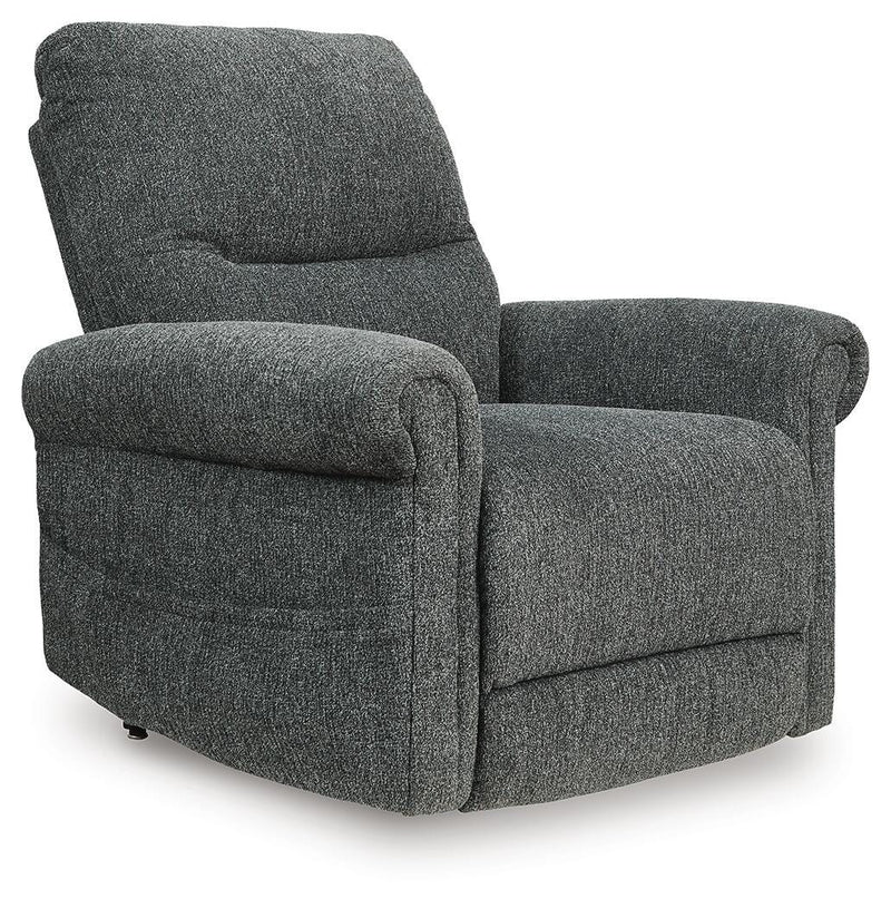 Ashley Furniture Aureta Power Lift Recliner in dark upholstery, showing the closed reclined position from an angled view.