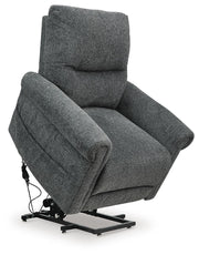 Ashley Furniture Aureta Power Lift Recliner in gray fabric, showing the reclined position from an upward angle.