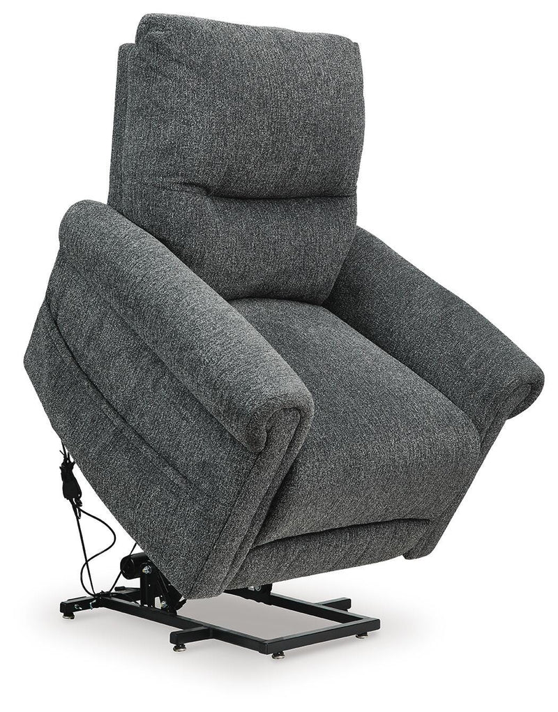 Ashley Furniture Aureta Power Lift Recliner in gray fabric, showing the reclined position from an upward angle.
