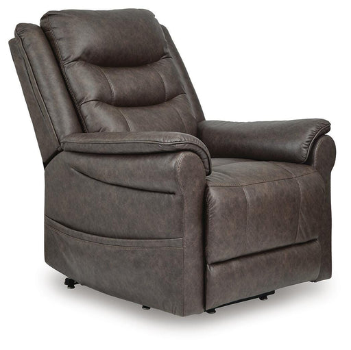 Ashley Furniture Oatman Power Lift Recliner in dark upholstery, shown from an angle with the reclined back and footrest extended.