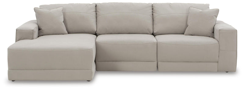 Ashley Furniture Next-Gen Gaucho sectional sofa with chaise, shown from a head-on view highlighting the modern design and plush cushions.
