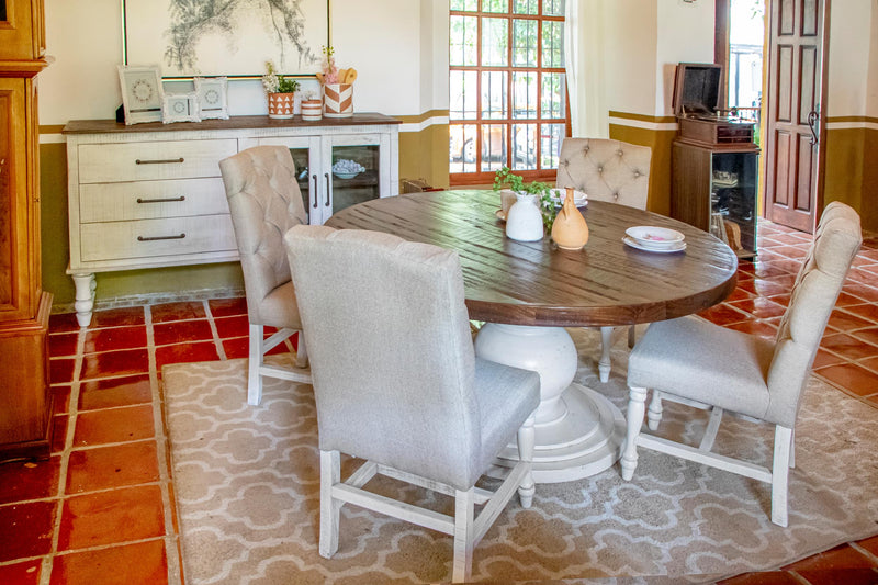 Round Rock Valley dining table by International Furniture Direct with a wood finish and sturdy base, ideal for kitchen or dining room.
