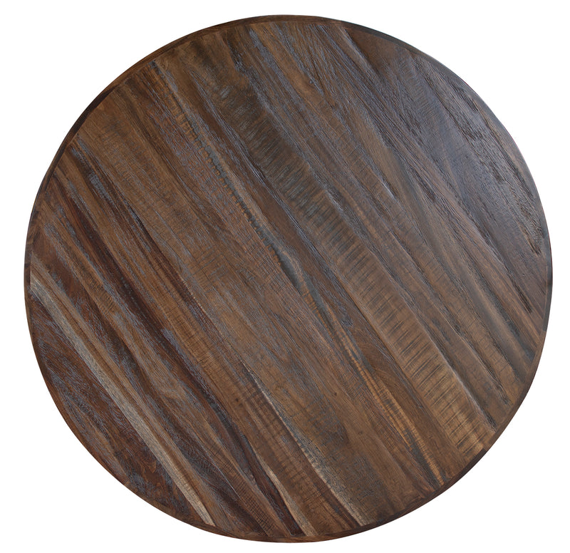 Round dining table by International Furniture Direct with a wood finish, showcasing its smooth surface and sturdy legs.