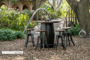 Antique bistro dining table with barrel design by International Furniture Direct, featuring a rustic wood finish and sturdy round top.