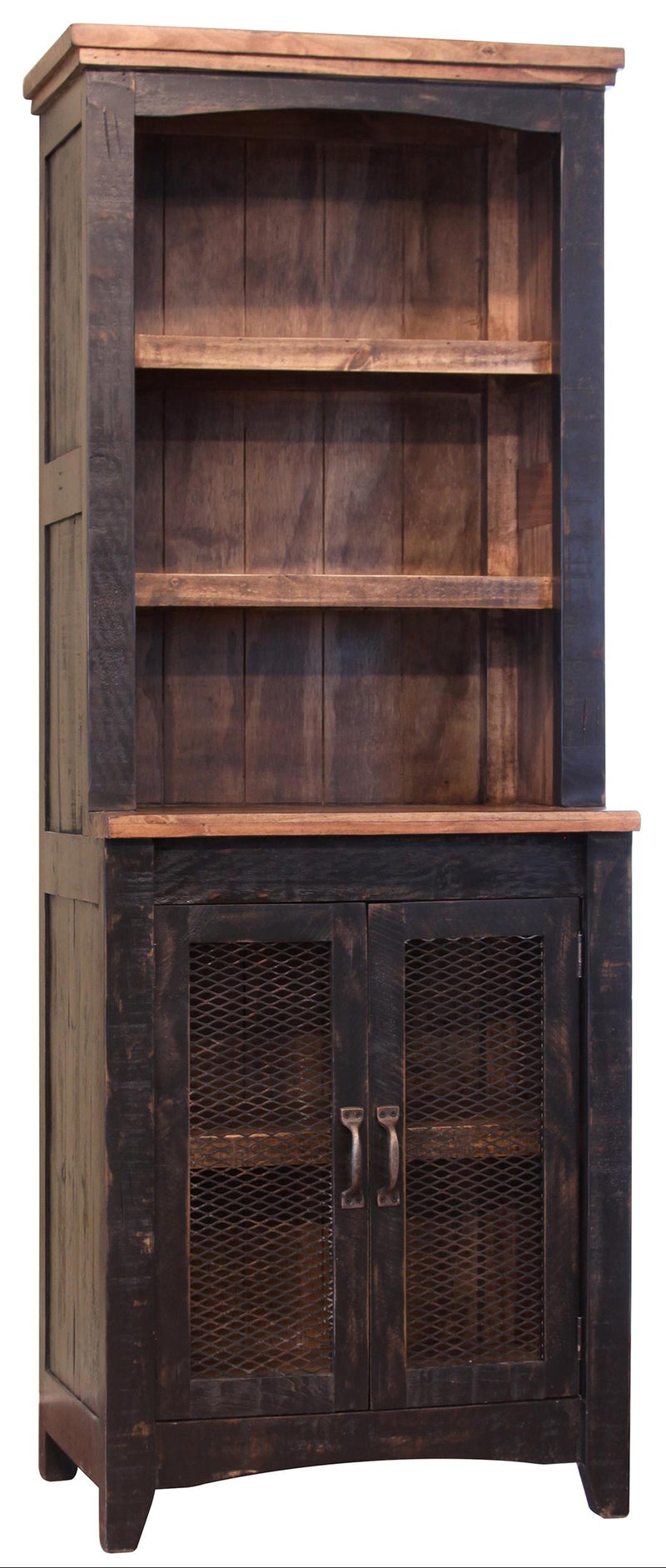 Black Pueblo Wall Unit entertainment center with open shelves and cabinets, crafted by International Furniture Direct.