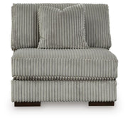 Ashley Furniture Lindyn sectional with chaise showing plush fabric, modern design, and spacious seating from a head-on view.