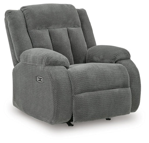 Ashley Furniture Observation Power Recliner in closed position, featuring plush fabric and ergonomic design from a side angle.