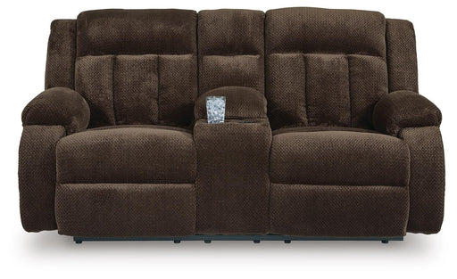 Ashley Furniture Observation Power Reclining Loveseat with console, showing plush fabric, reclining features, and built-in cup holders.