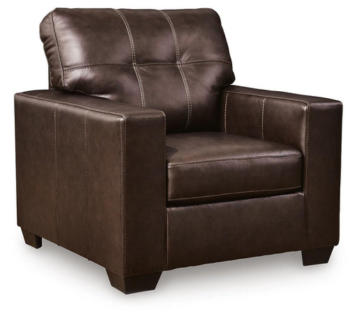 Ashley Furniture Santorine chair with a modern design, featuring a curved back and wooden legs.