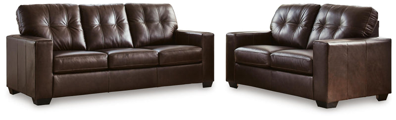 Ashley Furniture Santorine living room set featuring a sofa, loveseat, and coffee table in a modern design.