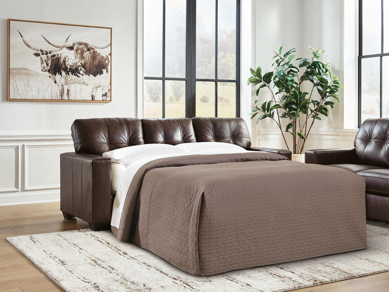 Ashley Furniture Santorine Sleeper Sofa in neutral fabric, showcasing its modern design and convertible sleeping feature.