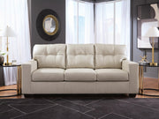 Ashley Furniture Santorine sofa in beige with plush cushions and wooden legs, shown in a modern living room setting.