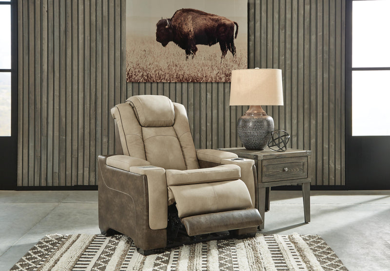 Ashley Furniture Next-Gen DuraPella Power Recliner in open position, featuring plush upholstery and built-in reclining mechanism.