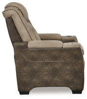Ashley Furniture Next-Gen DuraPella Power Recliner showing plush fabric upholstery, padded armrests, and reclining mechanism.